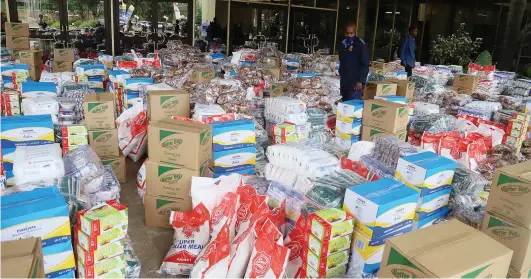  ??  ?? Some of the food hampers donated by National Foods Limited to 100 charities yesterday to mark 100 years of its existence in Zimbabwe. The event took place at the Rainbow Towers Hotel in the capital, Harare.