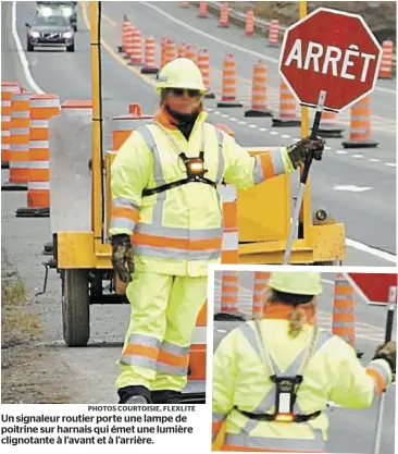  ?? PHOTOS COURTOISIE, FLEXLITE ?? Un signaleur routier porte une lampe de poitrine sur harnais qui émet une lumière clignotant­e à l’avant et à l’arrière.