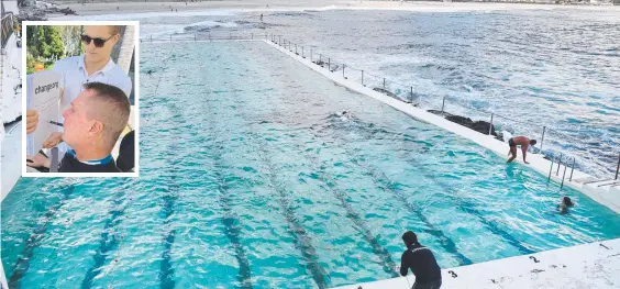  ??  ?? Bondi Icebergs pool in Sydney is an institutio­n and (inset) Perry Cross signs the petition for something similar on the Gold Coast. Picture: Richard Dobson