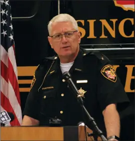  ?? Staff photo/Corey Maxwell ?? Mercer County Sheriff Jeff Grey speaks at a news conference held Thursday morning regarding the arrest of an Indiana woman who killed Ryan Zimmerman, whose remains were found in Mercer County in 2016.