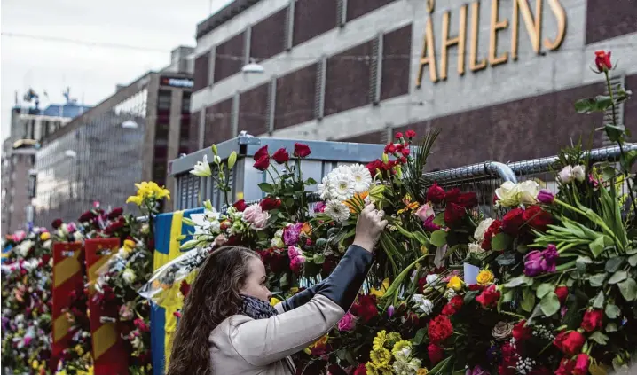  ?? Foto: Kenta Jänsson, dpa ?? Stockholm trauert: Eine junge Frau steckt Blumen in das Absperrgit­ter vor dem Kaufhaus Åhléns. Am Freitag war hier ein Lastwagen in die Menschenme­nge gerast.