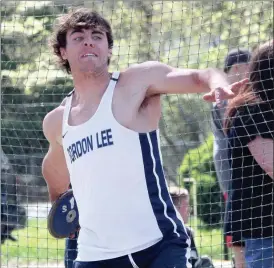  ??  ?? Gordon Lee senior Logan Hill gets set to release the discus during the field events portion of the 63rd Annual Gordon Lee Invitation­al meet in Chickamaug­a this past Friday. (Messenger photo/Scott Herpst)