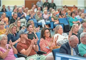  ?? GREG LOVETT/PALM BEACH POST ?? Crowds filled Wellington Village Hall more than a dozen times in the past year for long meetings about The Wellington as it moved through the Equestrian Preserve Committee, the Planning and Zoning Board and the Village Council.
