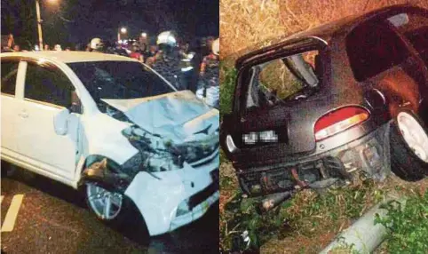  ??  ?? KEADAAN kereta Perodua Myvi dan Proton Satria yang terbabit kemalangan di Jalan Lendu Dalam, Alor Gajah.