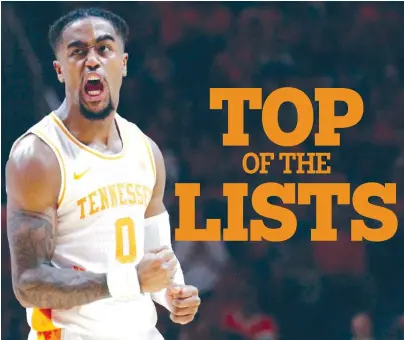  ?? AP PHOTO/SHAWN MILLSAPS ?? Tennessee guard Jordan Bone reacts to a foul call on Alabama during the second half Saturday at Thompson-Boling Arena. The Vols took over the No. 1 ranking in The Associated Press Top 25 poll on Monday.
