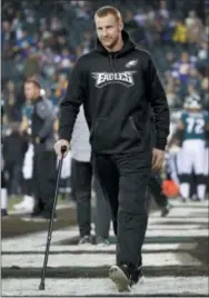  ?? THE ASSOCIATED PRESS FILE ?? Eagles quarterbac­k Carson Wentz passed on that walking stick quite a while ago. Now he’ll finally have the chance to see how his passing game can hold up against live NFL competitio­n.