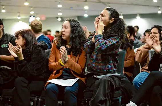  ?? Photos by Lori Van Buren/times Union ?? Attendees cheer as college students, faculty and staff, rally at the Empire State Plaza in Albany on Wednesday, along with legislator­s, unions and community groups to demand increased funding for CUNY and SUNY, rescue of SUNY Downstate hospital, and financial aid programs.