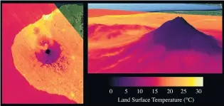  ?? PHOTO: CSST/NASA ?? Agricultur­al benefits . . . The Ecostress instrument on board the ISS captures images such as this one of Mount Taranaki, which shows the temperatur­e of the land surface. It shows how Egmont National Park (circular area) is cooler than the surroundin­g pastoral land, while urban areas are significan­tly warmer. This informatio­n, analogous to having millions of thermomete­rs in the ground, can be used to indicate vegetation stress and drought, ultimately helping farmers make better decisions with limited resources, a CSST statement says.