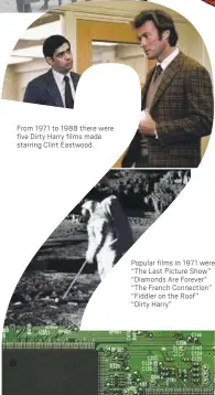  ??  ?? From 1971 to 1988 there were five Dirty Harry films made starring Clint Eastwood.
Popular films in 1971 were: “The Last Picture Show” “Diamonds Are Forever” “The French Connection” “Fiddler on the Roof” “Dirty Harry”