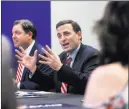  ?? Benjamin Hager ?? Las Vegas Review-journal Attorney General Adam Laxalt, who is running for governor, answers a question Wednesday during a round table discussion on education reform at Laxalt’s campaign office in Las Vegas.