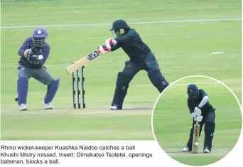  ?? ?? Rhino wicket-keeper Kuashka Naidoo catches a ball Khushi Mistry missed. Insert: Dimakatso Tsotetsi, openings batsman, blocks a ball.