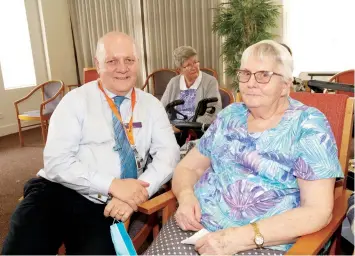  ?? ?? Lyrebrid Villages for the Aged chief executive Bill Baker chats to Mavis Anderson at his official farewell last week.