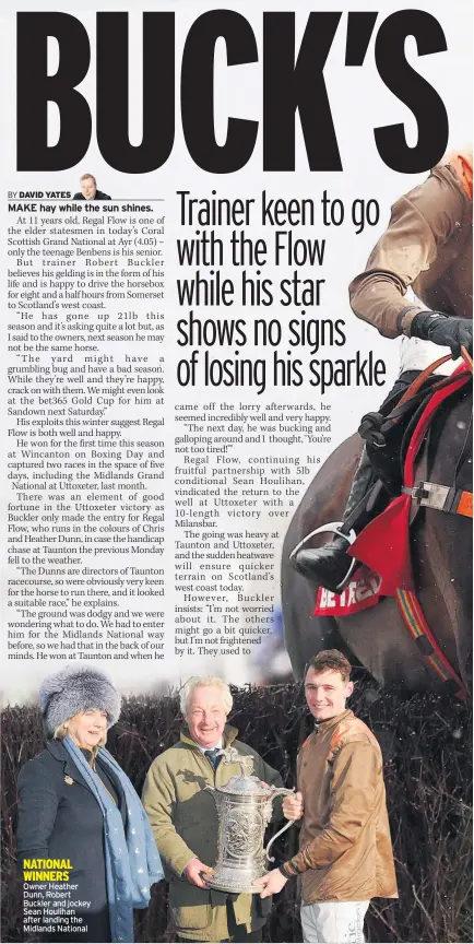  ??  ?? NATIONAL WINNERS Owner Heather Dunn, Robert Buckler and jockey Sean Houlihan after landing the Midlands National