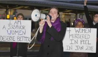  ?? BRYON JOHNSON/METROLAND ?? Laura Hartley, with the Peel Committee Against Women Abuse, at a rally decrying domestic violence on Feb. 14.