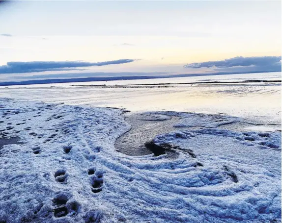  ??  ?? This stunning picture captures the ‘frozen sea foam’ that took over a beach in plunging temperatur­es. Aiden Malik, 19, went to Berrow Beach in Somerset and found a covering of the “shin-deep” substance. The business and economics student at Exeter University took the photograph on an evening when temperatur­es plunged across the UK. The amateur photograph­er said he was able to make snowballs out of it.