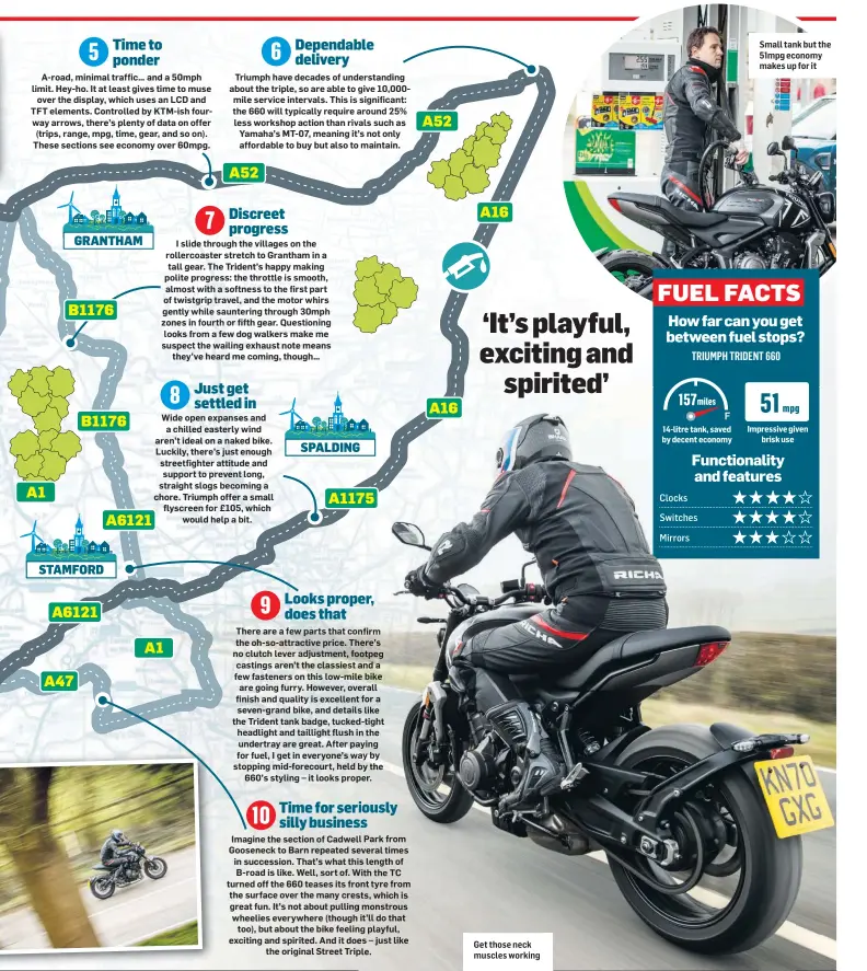  ??  ?? A-road, minimal traffic… and a 50mph limit. Hey-ho. It at least gives time to muse over the display, which uses an LCD and TFT elements. Controlled by KTM-ish fourway arrows, there’s plenty of data on offer (trips, range, mpg, time, gear, and so on). These sections see economy over 60mpg.
Triumph have decades of understand­ing about the triple, so are able to give 10,000mile service intervals. This is significan­t: the 660 will typically require around 25% less workshop action than rivals such as Yamaha’s MT-07, meaning it’s not only affordable to buy but also to maintain.
I slide through the villages on the rollercoas­ter stretch to Grantham in a tall gear. The Trident’s happy making polite progress: the throttle is smooth, almost with a softness to the first part of twistgrip travel, and the motor whirs gently while sauntering through 30mph zones in fourth or fifth gear. Questionin­g looks from a few dog walkers make me suspect the wailing exhaust note means they’ve heard me coming, though…
Wide open expanses and a chilled easterly wind aren’t ideal on a naked bike. Luckily, there’s just enough streetfigh­ter attitude and support to prevent long, straight slogs becoming a chore. Triumph offer a small flyscreen for £105, which would help a bit.
There are a few parts that confirm the oh-so-attractive price. There’s no clutch lever adjustment, footpeg castings aren’t the classiest and a few fasteners on this low-mile bike are going furry. However, overall finish and quality is excellent for a seven-grand bike, and details like the Trident tank badge, tucked-tight headlight and taillight flush in the undertray are great. After paying for fuel, I get in everyone’s way by stopping mid-forecourt, held by the 660’s styling – it looks proper.
Imagine the section of Cadwell Park from Gooseneck to Barn repeated several times in succession. That’s what this length of B-road is like. Well, sort of. With the TC turned off the 660 teases its front tyre from the surface over the many crests, which is great fun. It’s not about pulling monstrous wheelies everywhere (though it’ll do that too), but about the bike feeling playful, exciting and spirited. And it does – just like the original Street Triple.