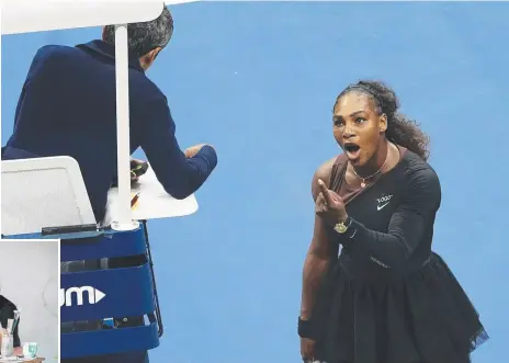  ??  ?? Serena Williams blows her top in the US Open final at Carlos Ramos and (inset) cartoonist Mark Knight. Main picture: AP