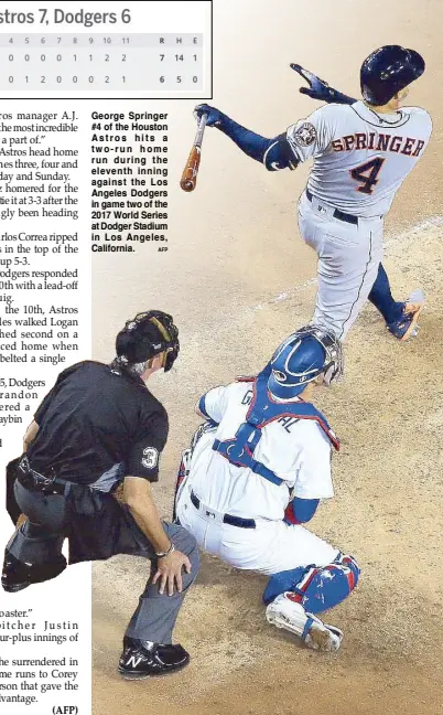  ?? AFP ?? George Springer #4 of the Houston Astros hits a two-run home run during the eleventh inning against the Los Angeles Dodgers in game two of the 2017 World Series at Dodger Stadium in Los Angeles, California.