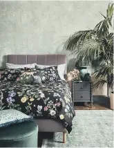  ?? ?? Hedgerow Dark Duvet Set, £90, Enchanted Garden Duvet Set (pillows), £90, Reactive Glaze Lamp Base, £125, Ellwood Pleated Shade, £80, Wild Cat Cushion, £60, Leopard Print Teal Cushion, £50, John Lewis