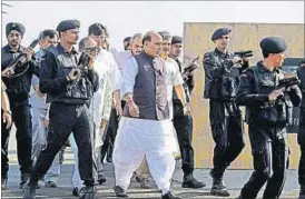  ?? Home minister Rajnath Singh arrives for a press conference in Srinagar on Sunday. PTI ??