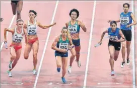  ??  ?? (From left) Poland, Brazil and India in the 4x400m mixed relay heats.
AP