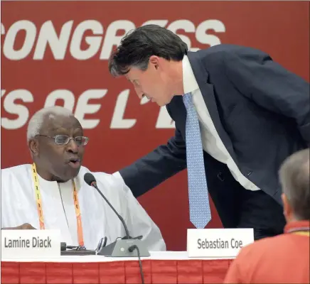  ?? EPA ?? JUST SAY NOTHING: Former IAAF president Lamine Diack with his successor, former Olympic medalist Sebastian Coe.