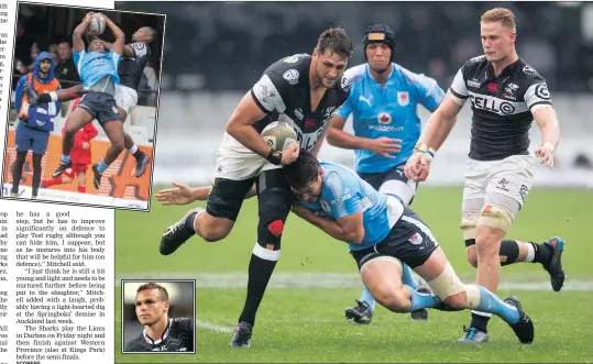  ?? PICTURE: LEON LESTRADE/ANA ?? Leading by example, Sharks lock and captain Ruan Botha goes on the offensive, despite the attention of Jttjackson. Up in support of his skipper is flank Jean-luc du Preez. INSET LEFT: Hugely impressive wing S’busiso Nkosi competes in the air for the...