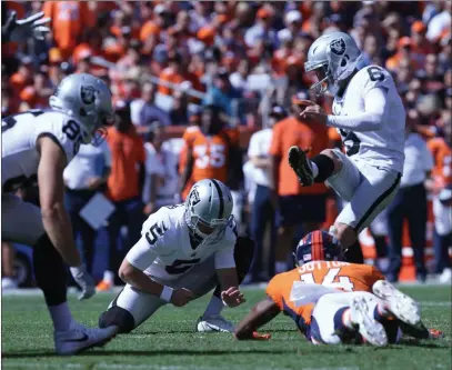  ?? Heidi Fang ?? Las Vegas Review-journal @Heidifang Raiders kicker Mike Nugent, making a field goal against Denver on Sept. 16, was placed on injured reserve with a bad hip.