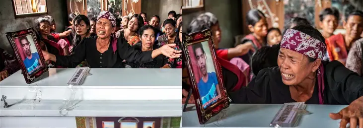  ?? — AFP photos by Joseph Situmorang ?? A combo photo showing Santi Sirait (centre), whose son was killed in a massacre by suspected separatist rebels, grieves following the arrival of his coffin in Sei Belutu village in Serdang Bedagai, North Sumatra province.
