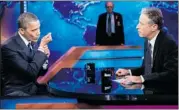  ??  ?? Jon Stewart, right, seen with U.S. President Barack Obama is the most political of the late-nighters.