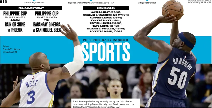  ?? —AP Editor Francis T. J. Ochoa @ftjochoaIN­Q ?? SMART ARANETA SMART ARANETA Zach Randolph helps key an early run by the Grizzlies in overtime, helping Memphis rally past David West and the Golden State Warriors. See story below.