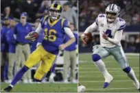  ?? AP FILE PHOTOS ?? FILE - At left, in a Dec. 16, 2018, file photo, Los Angeles Rams quarterbac­k Jared Goff carries the ball during an NFL football game against the Philadelph­ia Eagles, in Los Angeles. At right, in a Nov. 22, 2018, file photo, Dallas Cowboys quarterbac­k Dak Prescott (4) scrambles against the Washington Redskins during the first half of an NFL football game, in Arlington, Texas. The Rams and Cowboys meet in a divisional playoff game on Saturday, Jan. 12, 2019.