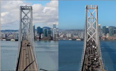  ?? ARIC CRABB — STAFF PHOTOGRAPH­ER ?? Left: Traffic moves west across the San Francisco-Oakland Bay Bridge toward San Francisco on March 17, the first day of the Bay Area-wide shelter-in-place order to stop the spread of the coronaviru­s. Right: Traffic moves westbound along the San Francisco-Oakland Bay Bridge on May 27.