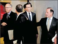  ?? AP/ MANUEL BALCE CENETA ?? Jared Kushner ( center) and his attorney, Abbe Lowell ( right), talk with House Intelligen­ce Committee members Michael Conaway ( left), R- Texas, and Adam Schiff ( back to camera), D- Calif., after Kushner met with the committee Tuesday.