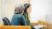  ?? AP ?? In this courtroom sketch, Meng Wanzhou, right, the chief financial officer of Huawei Technologi­es, sits beside a translator during a bail hearing at British Columbia Supreme Court in Vancouver, on Saturday.