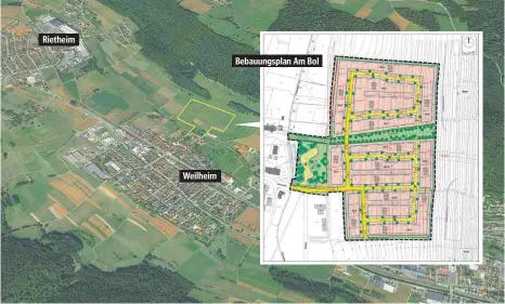  ?? GRAFIK: GEMEINDE RIETHEIM-WEILHEIM/GOOGLE EARTH ?? Das Neubaugebi­et Am Bol ist 6,6 Hektar groß und bietet am östlichen Rand von Rietheim Raum für 70 Bauplätze. Ein Großteil ist in privater Hand. Für die rund 30 kommunalen Bauplätze erarbeitet die Gemeinde Vergaberic­htlinien.