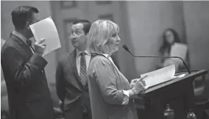  ?? PHOTOS BY NICOLE HESTER/THE TENNESSEAN ?? Rep. Patsy Hazlewood, R-signal Mountain, presents the budget during a House session at the Tennessee Capitol in Nashville on Thursday.