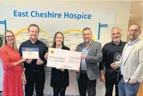  ??  ?? East Cheshire Hospice Corporate Fundraiser Kate Bowmar (third left) with some of the 7i Group staff (from left), Sarah Tucker, Research Director; Connor Blackmore, Senior Researcher; Andrew Sellick, Managing Director; Rob Parrish, Director and Alex Goonesingh­e, Scientific Director