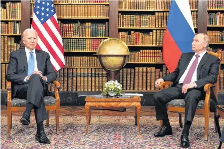  ?? REUTERS ?? U.S. President Joe Biden and Russia’s President Vladimir Putin meet for the U.s.-russia summit at Villa La Grange in Geneva, Switzerlan­d, on Wednesday.