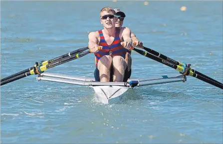  ?? JULIE JOCSAK
THE ST. CATHARINES STANDARD ?? Evan McRae and Johan May of St. Catharines compete in the men's under-19 double during the fourth day of racing at the Royal Canadian Henley.