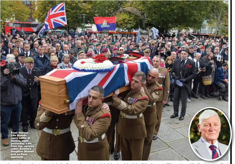  ?? Pictures: JONATHAN BUCKMASTER ?? Final honour... Life Guards carry coffin of Dennis, right, yesterday. Left, from top, service order, Dennis’s daughter Sharon and ex-Para applauds