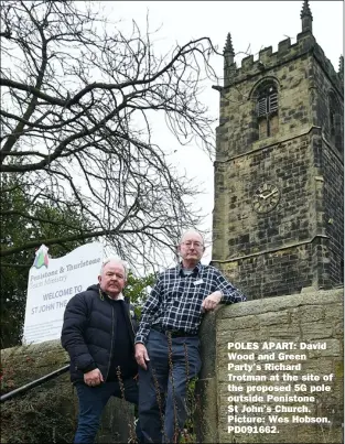  ?? PD091662. ?? POLES APART: David Wood and Green Party’s Richard Trotman at the site of the proposed 5G pole outside Penistone St John’s Church. Picture: Wes Hobson.