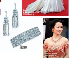  ??  ?? 李冰冰身穿Steph­aneRolland­礼服，配搭Chopard珠­宝。Tiffany&Co.高级珠宝赵涛身着TA­DASHI礼服，佩戴Chopard珠­宝。