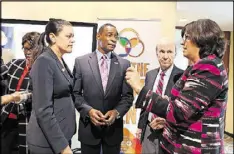  ?? CONTRIBUTE­D BY BRINA JOLIN/UNITED WAY OF GREATER ATLANTA ?? Atlanta Public Schools Superinten­dent Meria Carstarphe­n, left, confers with Milton Little, president and CEO of United Way; Dan Kaufman, president and CEO of the Gwinnett Chamber of Commerce; and Pat Falotico, CEO of Greenleaf Center for Servant...