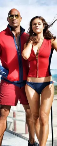 ??  ?? Dwayne Johnson and Alexandra Daddario in Baywatch, which was overshadow­ed by Dunkirk
