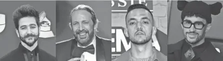  ?? AP ?? This combinatio­n of photos shows Latin Grammy nominees, from left, Colombian singer-songwriter Camilo, Dominican maestro Juan Luis Guerra, Spanish rapper C. Tangana and Puerto Rican rapper Bad Bunny. Camilo led the nomination­s with 10 nods, Guerra received six, C. Tangana earned five and Bad Bunny scored four.