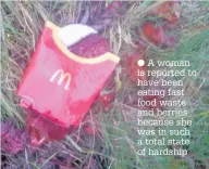  ??  ?? A woman is reported to have been eating fast food waste and berries because she was in such a total state of hardship