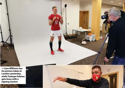  ??  ?? > Liam Williams has his picture taken in London yesterday, while Taulupe Faletau gets busy with a signing session