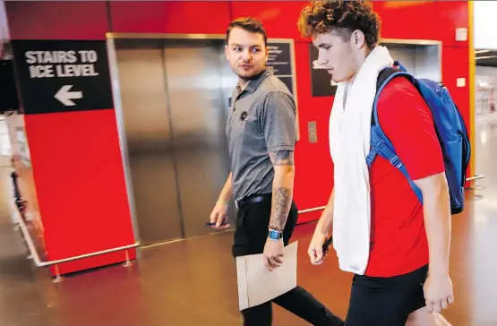  ?? JEFF MCINTOSH/THE CANADIAN PRESS ?? Gritty winger Matthew Tkachuk, who participat­ed in fitness testing on Wednesday, says he’s focused on helping the Flames get back to the playoffs.