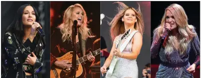  ?? (The Associated Press) ?? This combinatio­n of photos shows country music singers (from left) Kacey Musgraves performing at the Austin City Limits Music Festival in Austin, Texas, on Oct. 6 last year; Miranda Lambert performing at the 53rd annual Academy of Country Music Awards in Las Vegas in 2018; Maren Morris performing at the Bonnaroo Music and Arts Festival in Manchester, Tenn., last year; and Carrie Underwood performing during her “Cry Pretty Tour 360” in Chicago on Oct. 29.